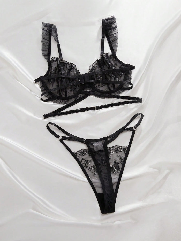 Butterfly Embroidered Frill Trim Underwire Lingerie Set