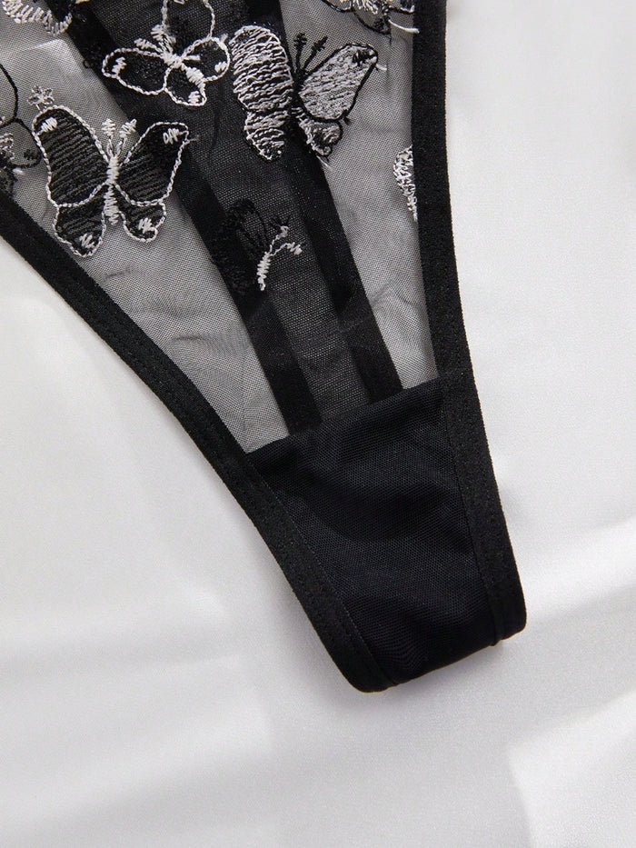 Butterfly Embroidered Frill Trim Underwire Lingerie Set