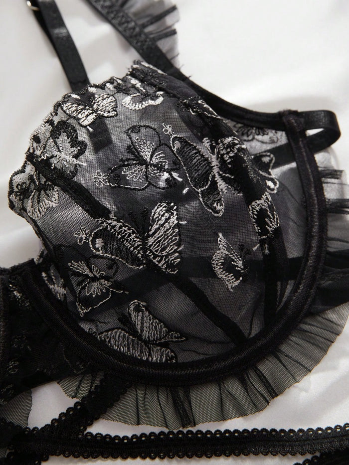 Butterfly Embroidered Frill Trim Underwire Lingerie Set