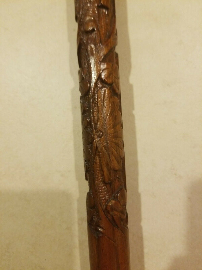 Carved Wooden Cane/ Walking Stick 36.625" HANDLE IS LOOSE
