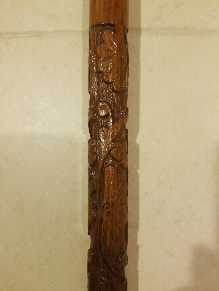 Carved Wooden Cane/ Walking Stick 36.625" HANDLE IS LOOSE