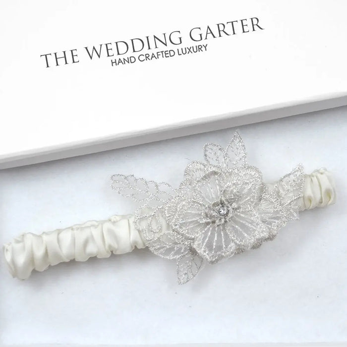 Cassie Cream Satin & Silver Wedding Garter - The Wedding Garter