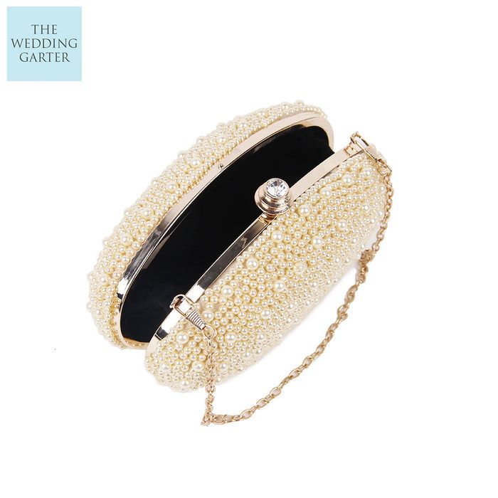 Champagne Pearl Beaded Bridal Clutch - The Wedding Garter