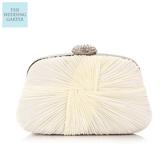 Champagne Ruched Satin Rhinestone Bridal Evening Bag - The Wedding Garter