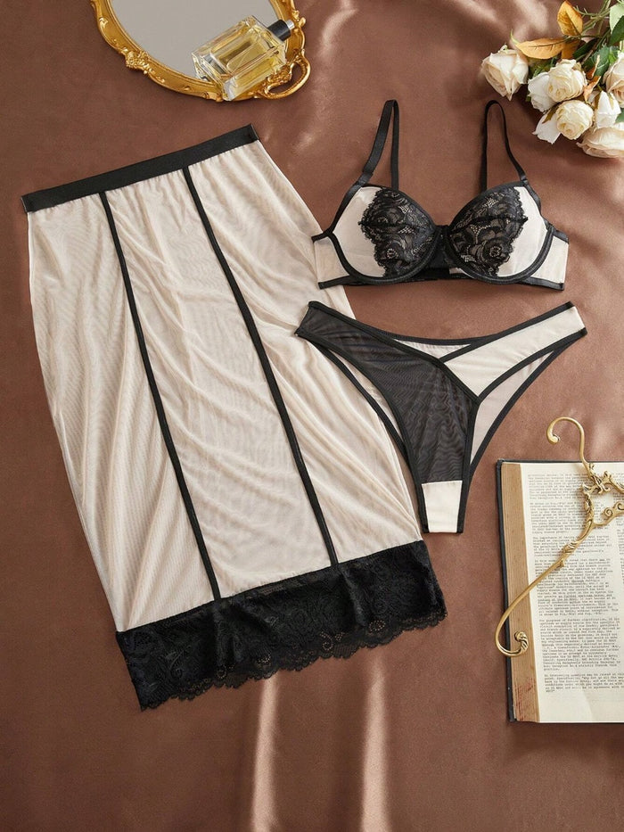 Charlaine Contrast Lace Mesh Underwire Sexy Lingerie Set