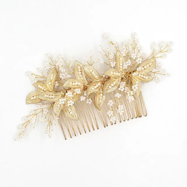 Chic Floral Pearl & Gold Bridal Headpiece Comb Australia - The Wedding Garter