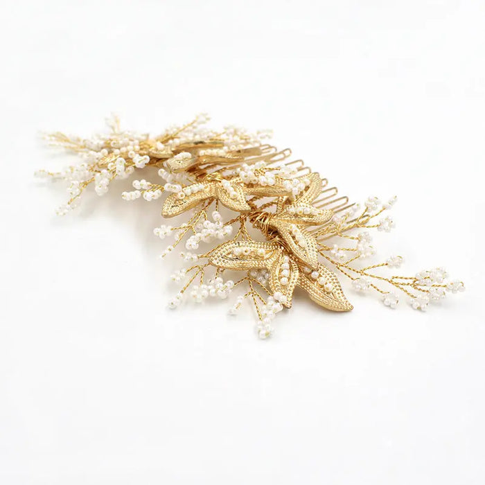 Chic Floral Pearl & Gold Bridal Headpiece Comb Australia - The Wedding Garter