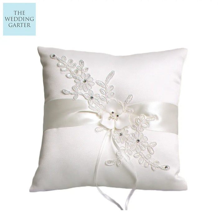 Chic Ivory Satin Appliqué Ring Pillow For Brides Ring Bearer Pillow - The Wedding Garter