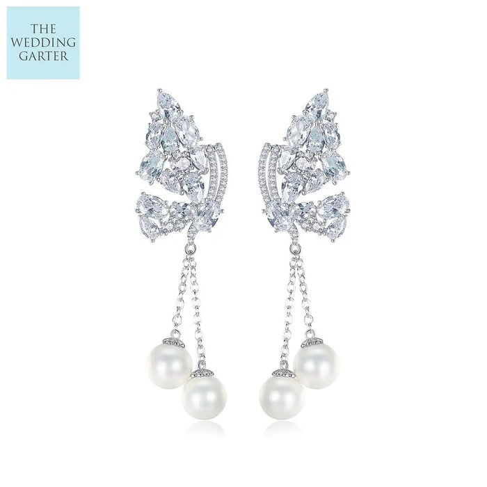 Chic Pearl & CZ Diamond Chandelier Bridal Earrings Online - The Wedding Garter