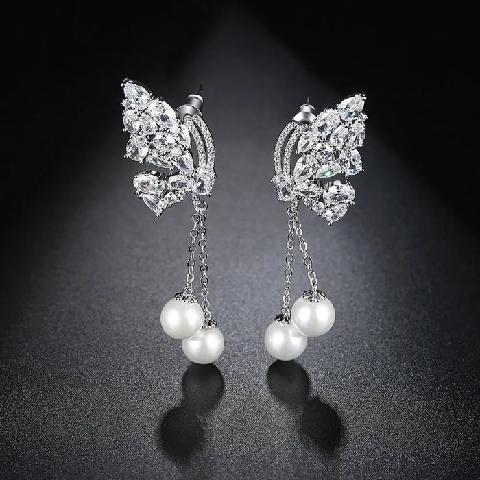 Chic Pearl & CZ Diamond Chandelier Bridal Earrings Online - The Wedding Garter