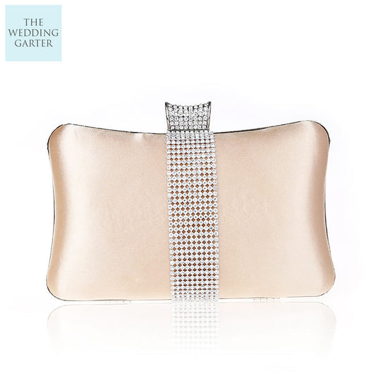 Chic Silver & Champagne Satin Rhinestone Event Purse - The Wedding Garter