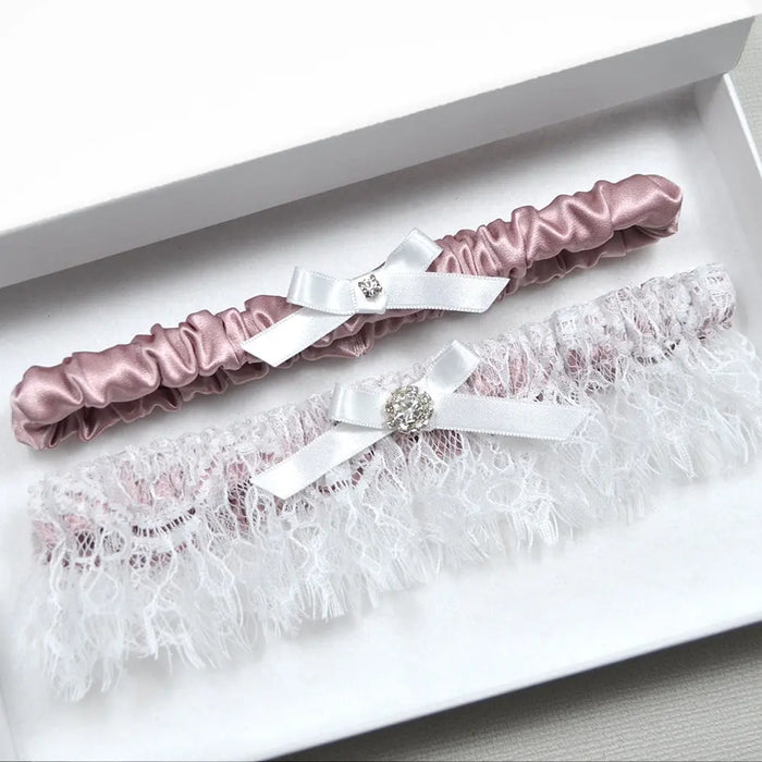 Clarissa Dusty Pink & Chantilly Lace Satin Wedding Garter Set (15 Colours) - The Wedding Garter