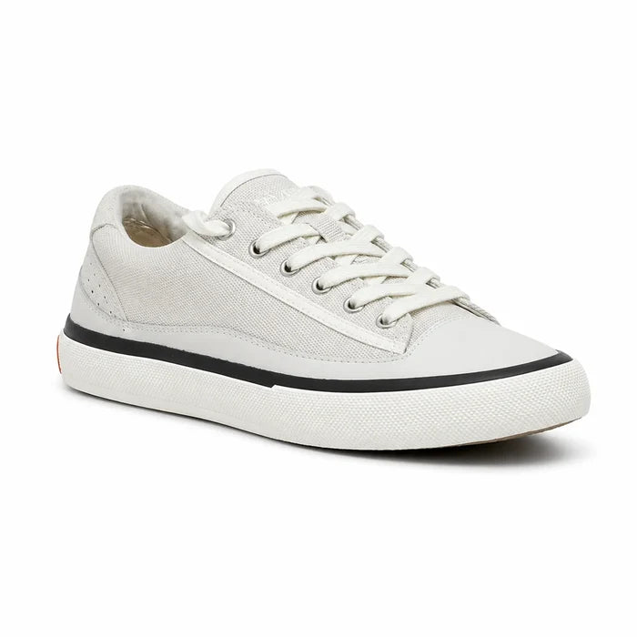 White lace-up low-top sneakers with black side stripe and rubber sole