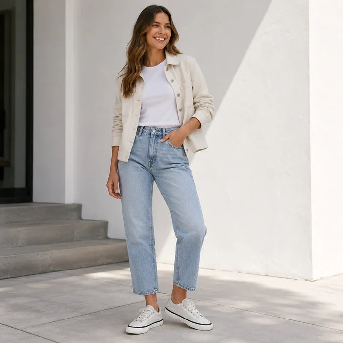 White lace-up low-top sneakers worn with light-wash cropped jeans