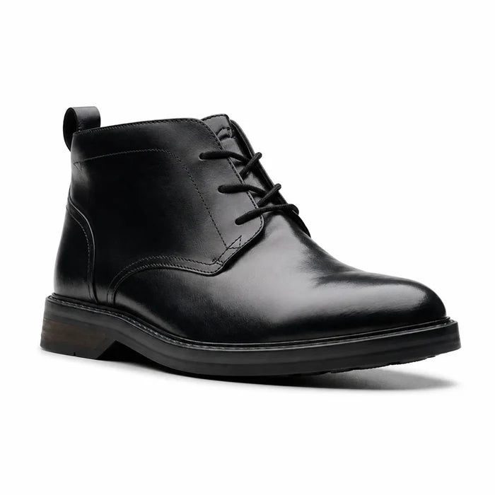 Men's black leather chukka boots with lace-up front and low profile sole