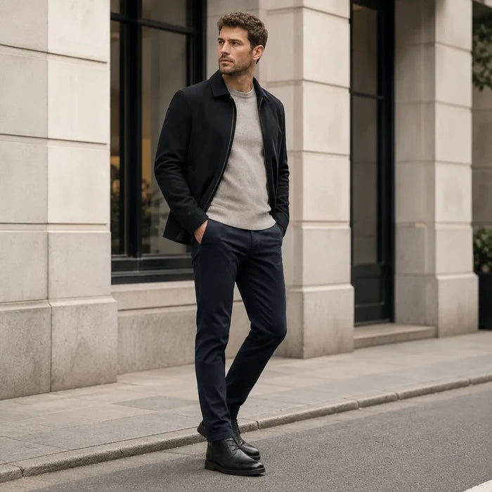 Men's black leather chukka boots on feet, lace-up design with cuff
