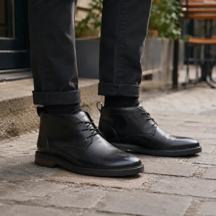 Men's black leather chukka boots, lace-up style with chunky sole
