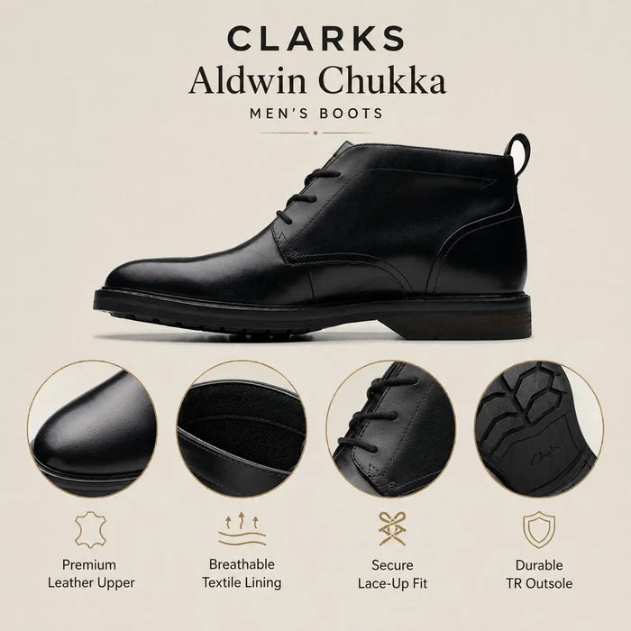 Men's black leather chukka boots, side and detail views with lace-up design