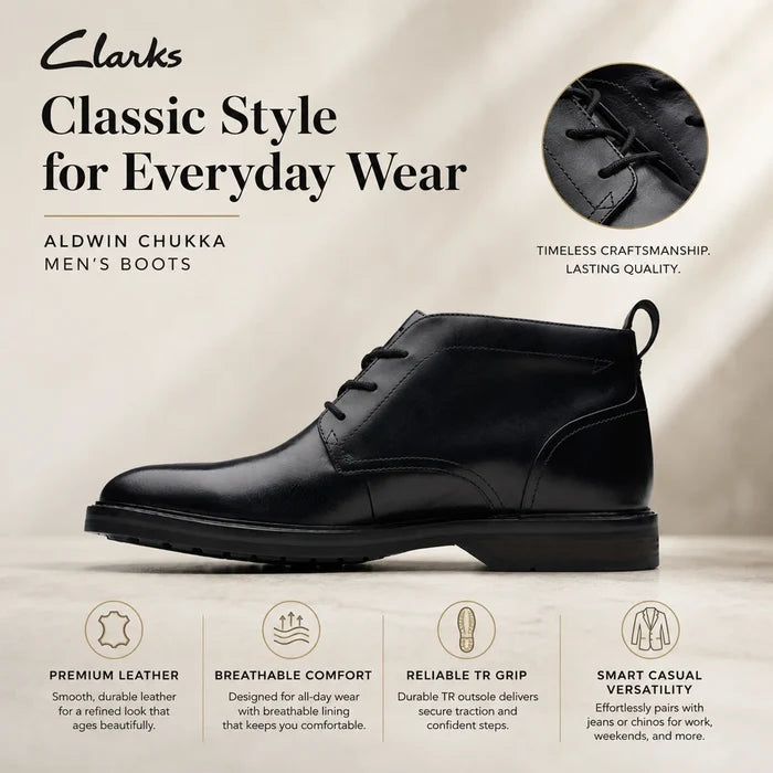 Men's black leather chukka boots, side view with lace-up and low sole