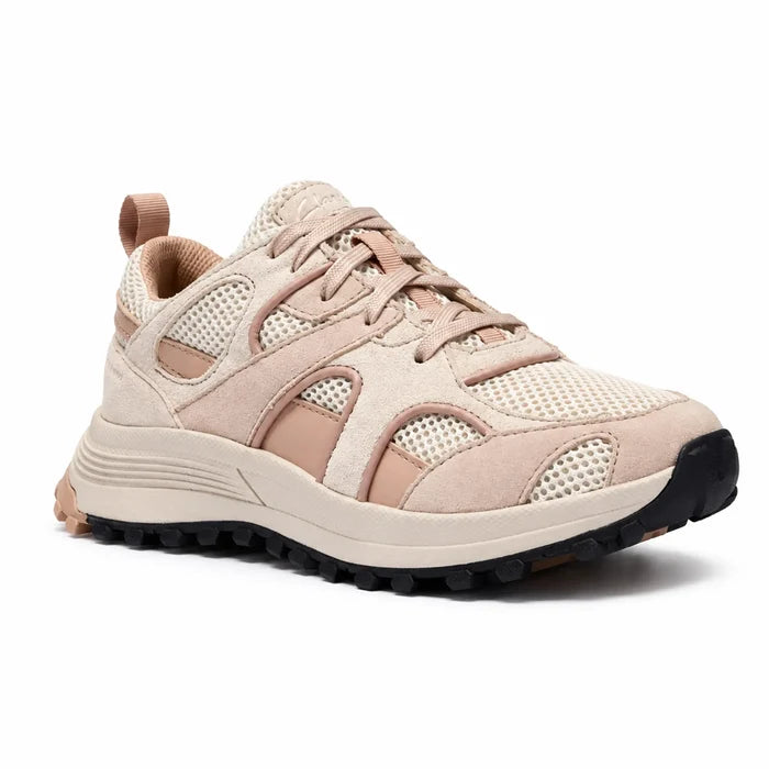 Women's sand and light pink mesh and suede lace-up sneaker with treaded rubber sole