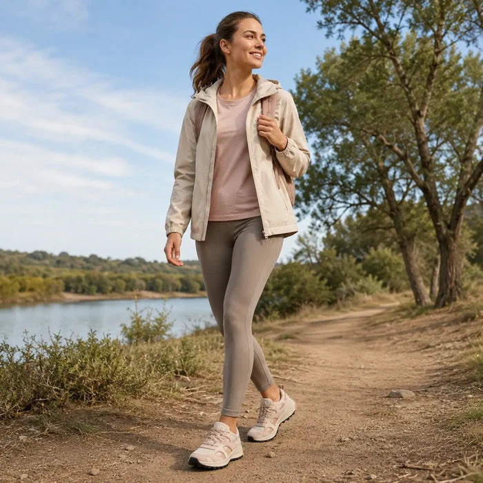 Women's sand-toned trail sneakers on feet, lace-up design with chunky rubber sole