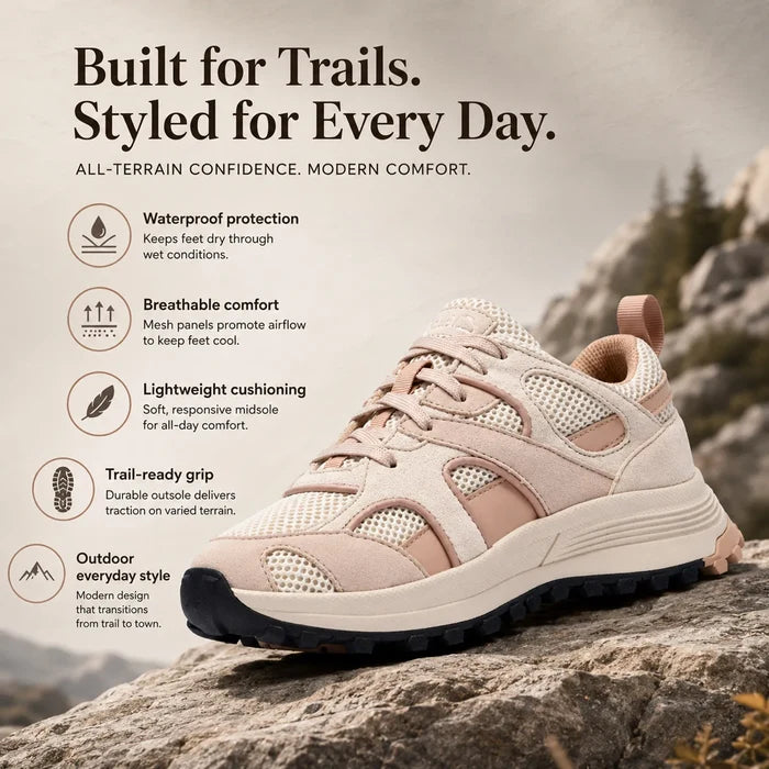 Women's sand trail sneaker on rock, lace-up top with durable rubber traction outsole