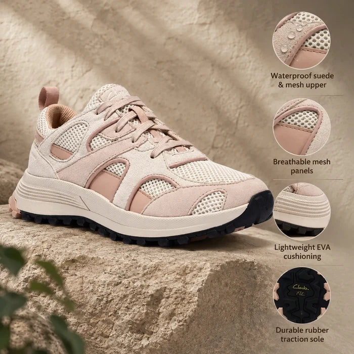 Women's sand mesh and suede lace-up sneaker with waterproof upper and cushioned sole