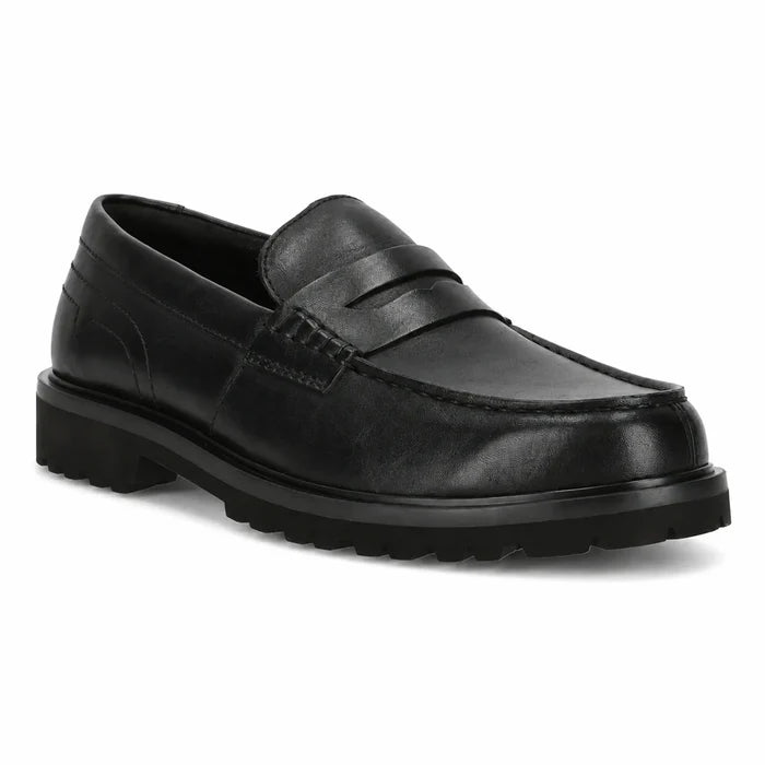 Black leather loafer slip-on with penny strap and rugged tread sole