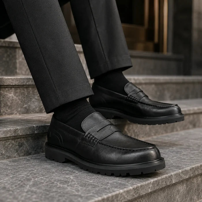 Black leather slip-on loafers with penny strap and chunky tread sole