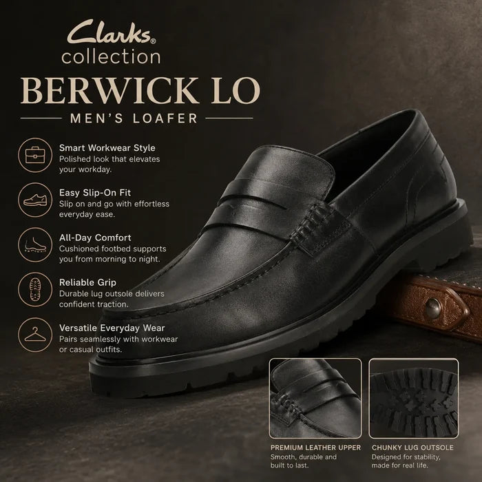 Black leather loafer with slip-on fit, penny strap, and chunky lug sole