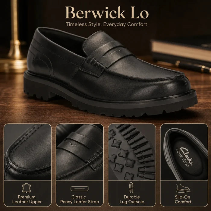 Black leather loafer detail with penny strap and treaded lug sole
