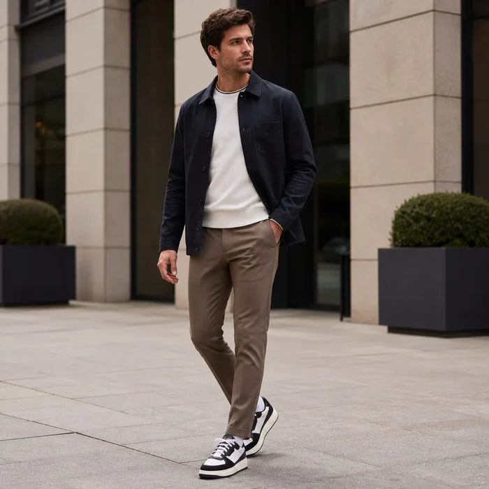 Men's lace-up Clarks sneakers in dark blue with white laces, worn with brown pants