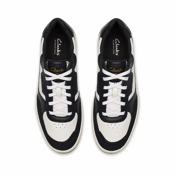 Clarks Bostock men's lace-up sneakers pair in black with white panels, front view