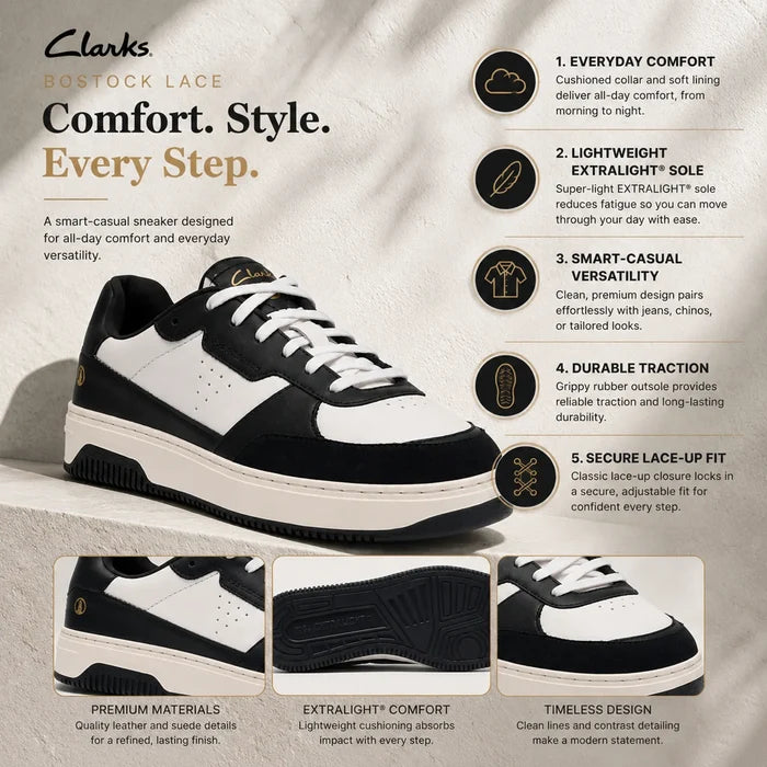 Clarks Bostock men's lace-up sneakers in black with white panels and rubber tread sole