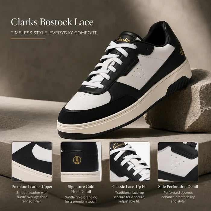 Men's lace-up leather sneakers, black and white with gold logo detail and rubber outsole