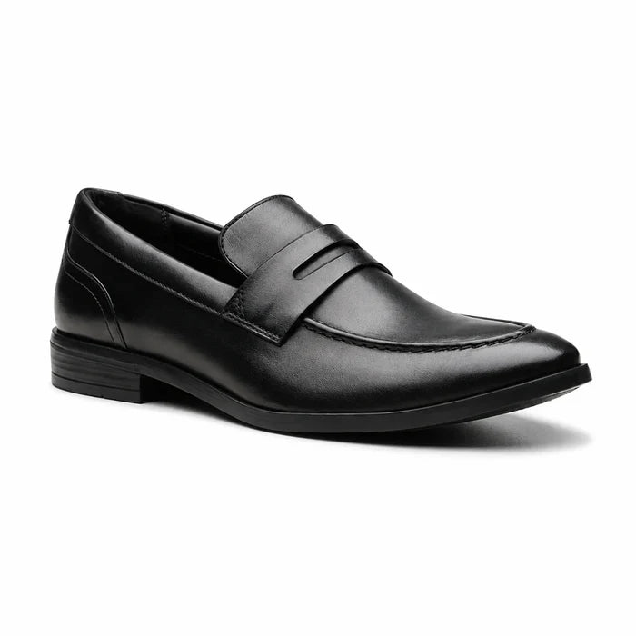 Men’s black leather slip-on loafers with strap across the vamp and low block heel