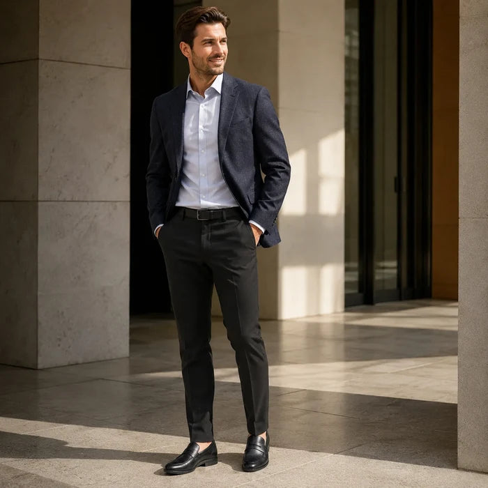 Men’s black leather loafers with strap closure on the upper, worn with dark trousers