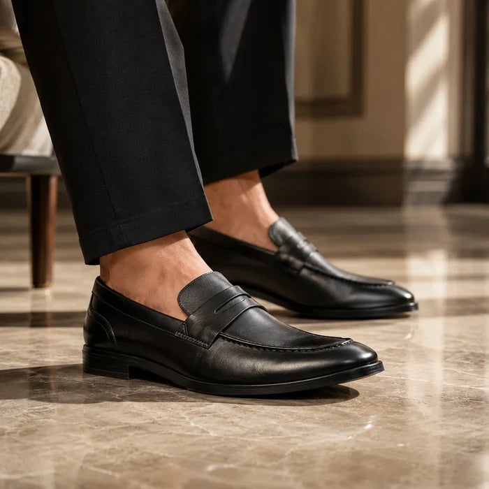 Black leather loafers with strap detail and low heel, shown from a side angle