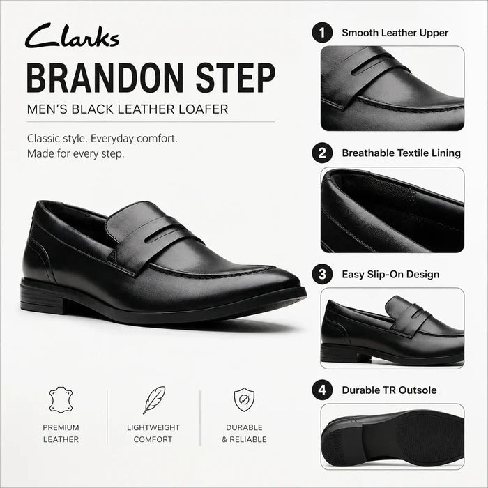Pair of men’s black leather loafers with strap across the vamp and low block heel