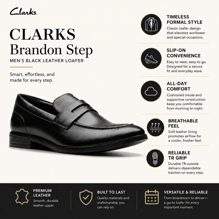 Men’s black leather loafer with strap detail, side view on white background
