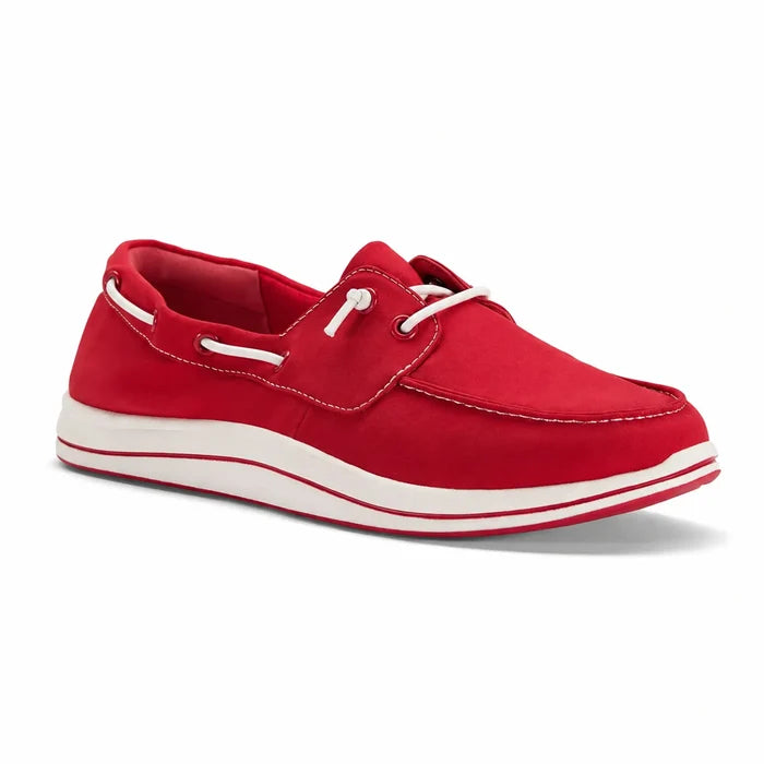 Cherry red canvas lace-up loafers with white striped sole