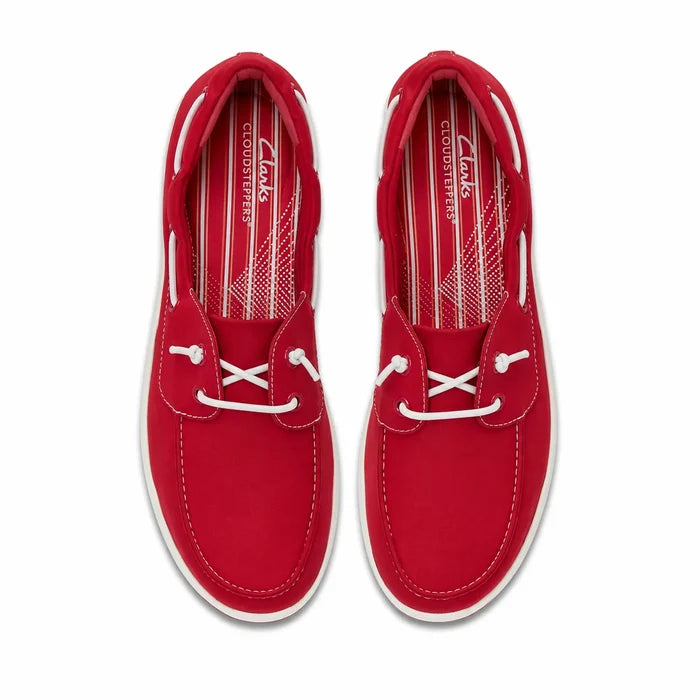 Pair of cherry red canvas loafers, white laces and stitched toe detail