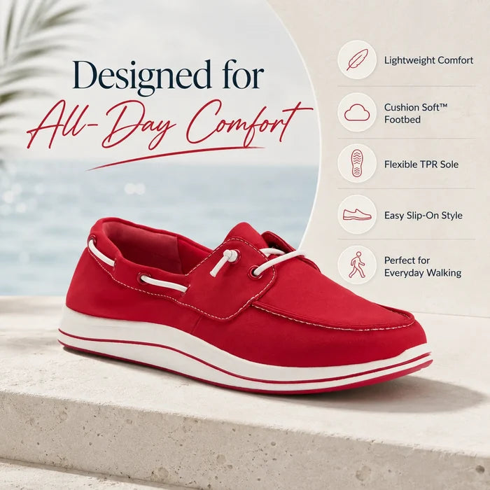 Cherry red canvas lace-up loafers with white cushioned sole
