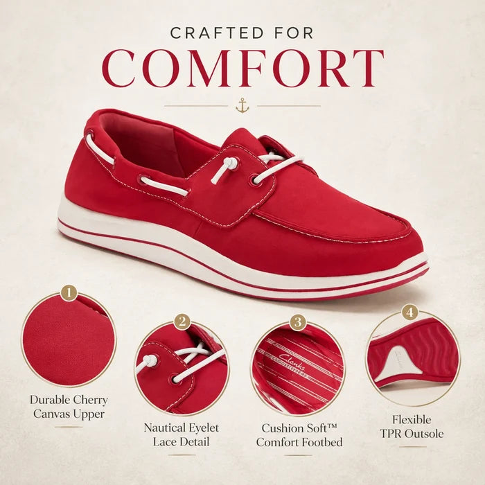 Cherry red canvas lace-up loafers with flexible TPR outsole detail