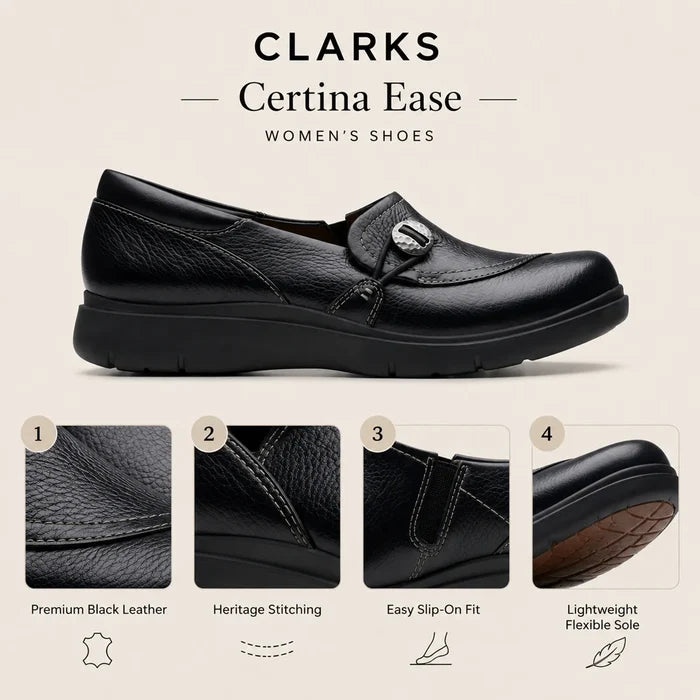 Clarks Certina Ease women’s shoes feature infographic with leather and flexible sole