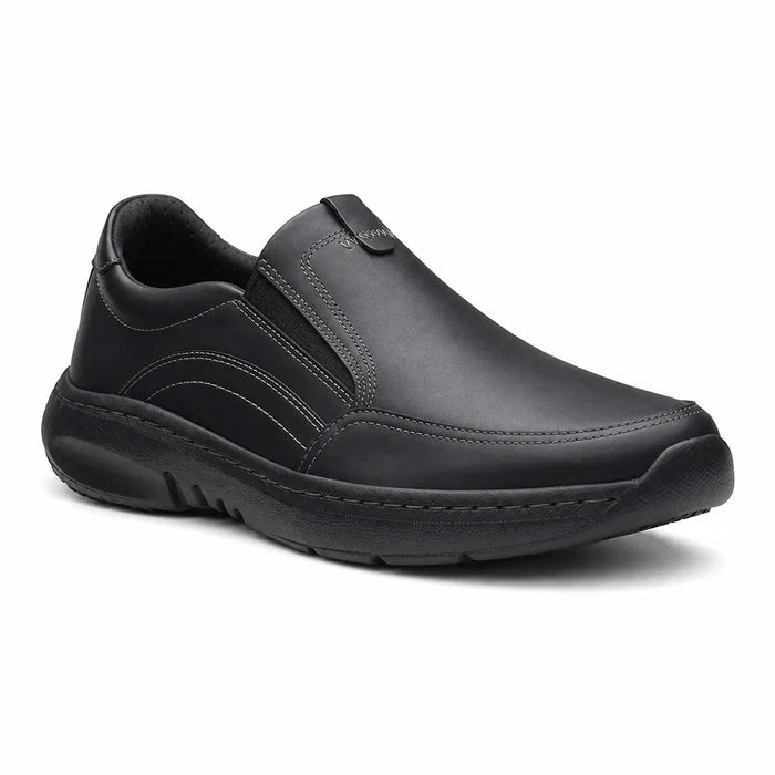 Men's black leather slip-on sneakers with padded collar and side stitching