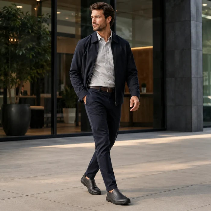 Men's black leather casual sneakers worn with dark trousers