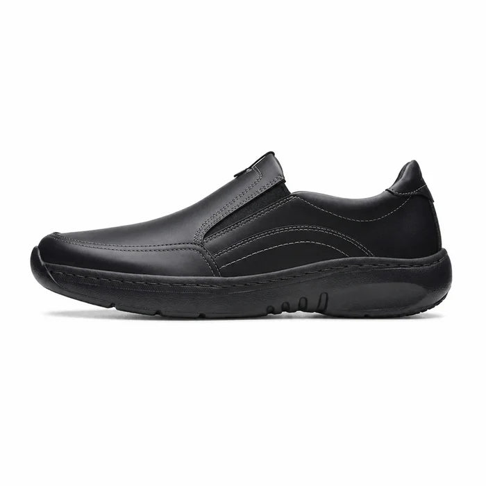 Men's black leather slip-on sneakers with hook strap and rounded toe