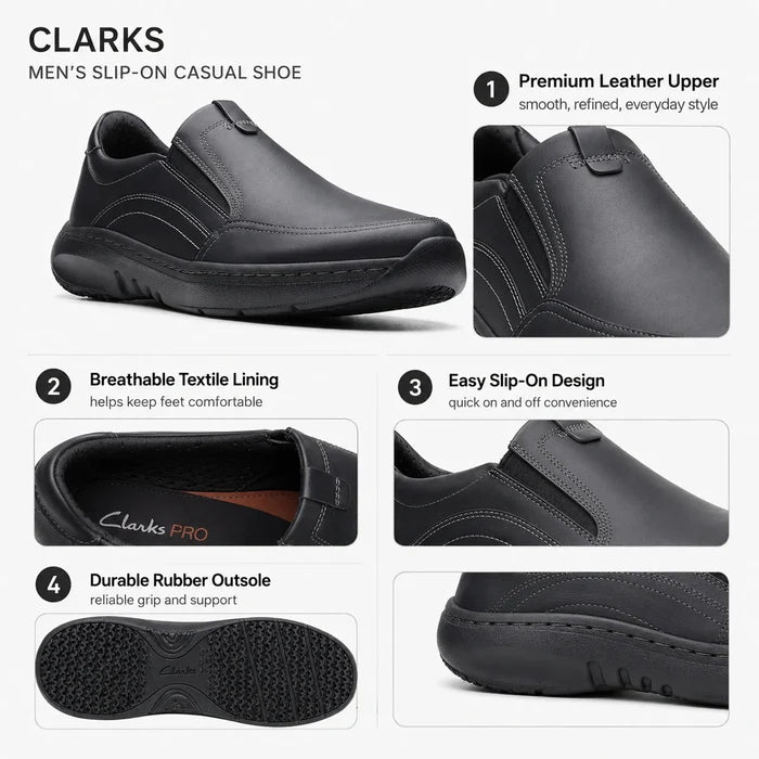 Men's black leather slip-on casual shoe showing comfort lining and rubber outsole