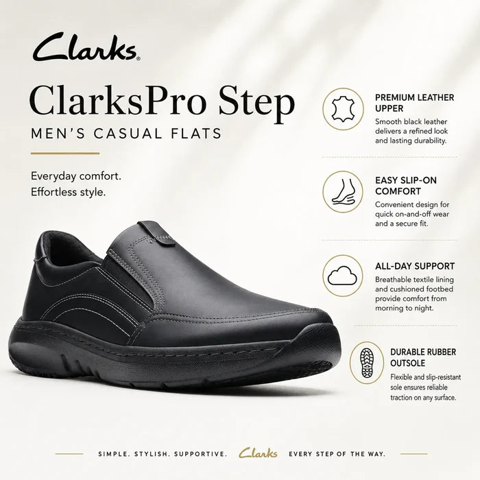 Men's black leather ClarksPro Step casual flat with slip-on design and rubber outsole